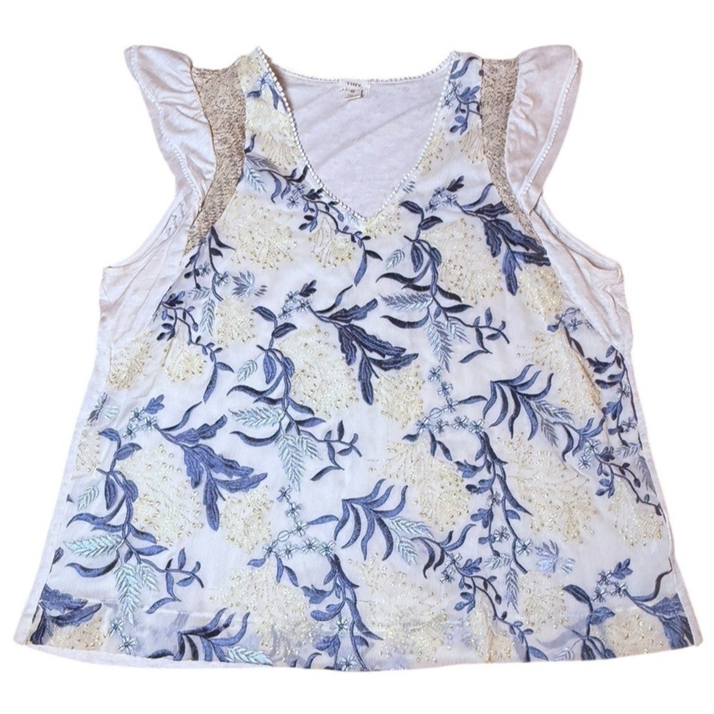 Anthropologie Tiny Top Blue‎ Medium Floral Embroidered Flutter Sleeve Boho Fairy